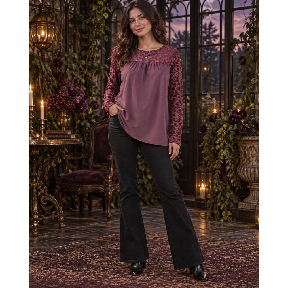 Cato Plum Purple Burnout Velvet Floral Lace Yoke Top Med Whimsigoth Romantic Y2K